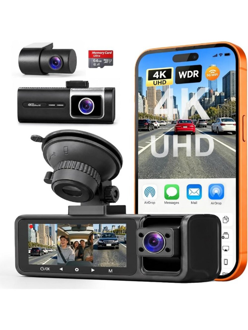 3 Channel 5G WiFi Dash Cam - 4K Front & Rear, Night Vision, G-Sensor, 64GB Card